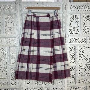 Vintage‎ Red & Cream Wool Blend Faux Wrap Skirt Sz XS/S Cottage Prairie Plaid